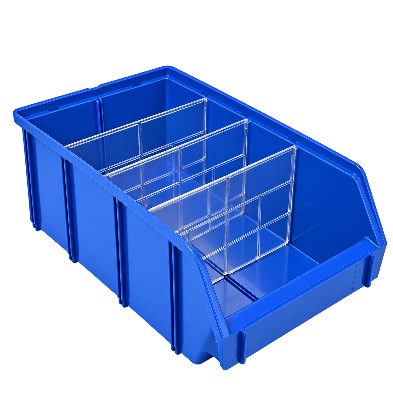 Blaue Sichtbox mit transparenten Trennern zur Unterteilung