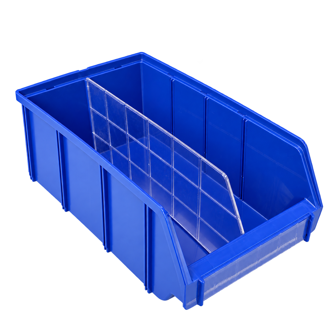 Produktaufnahme einer blauen Sichtbox mit klarem Längstrenner und sichtbaren Verstärkungsrippen