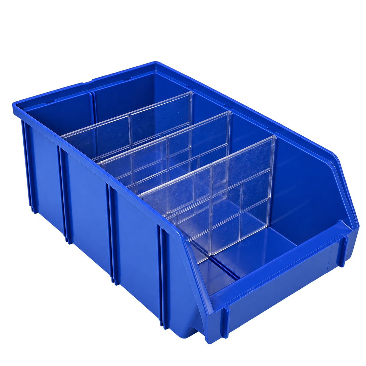 Produktaufnahme einer blauen Sichtbox mit drei transparenten Quertrennern