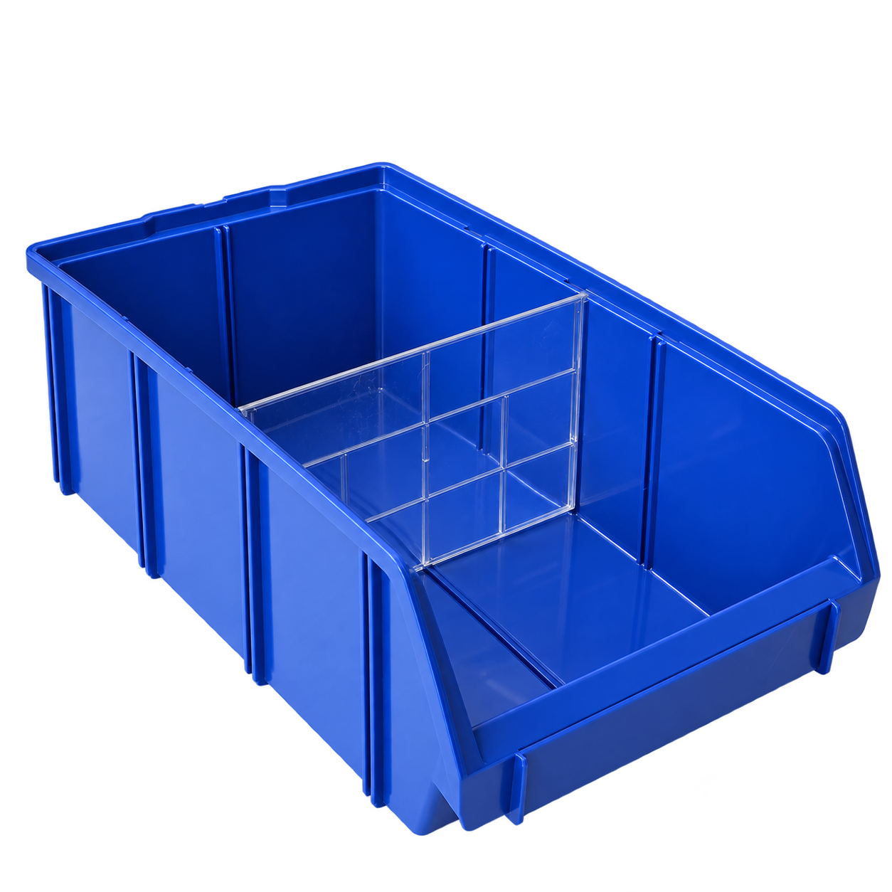 Produktaufnahme einer blauen Sichtbox mit transparentem Quertrenner vor neutralem Hintergrund